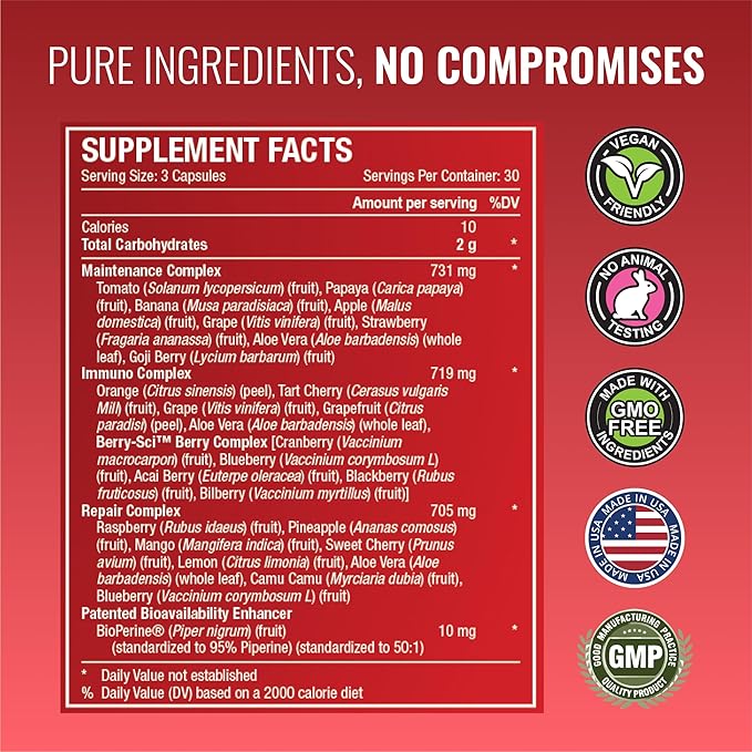 Approved Science Fruits & Veggies - 42 Whole Fruit and Veggie Supplement - Enhanced Health & Vitality - Daily Natural Vitamins, Minerals, Antioxidants - 180 Capsules Each - 2-Month Supply