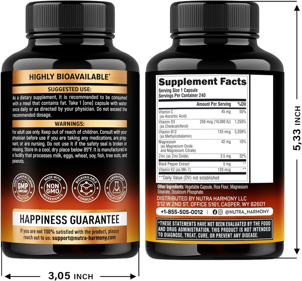 Vitamin D3 K2 - Vitamin D3 10000 iu & K2 as MK-7 120 mcg - Immune & Mood Support, for Bone & Teeth Health - with Magnesium, Zinc & Vitamin C & B12 - Highly Bioavailable - Made in USA, 240 Capsules