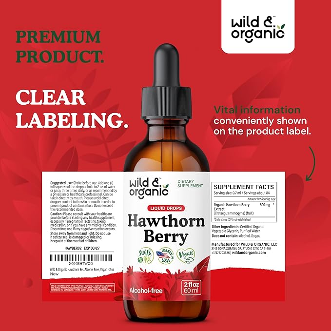 Wild & Organic Hawthorn Berry Extract Drops 600 mg - Liquid Hawthorne Supplement for Overall Support - Vegan, Sugar & Alcohol-Free Herb Tincture - 2 fl oz