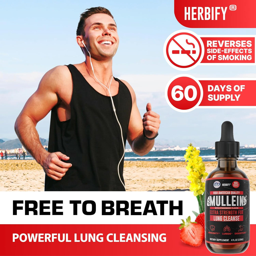 HERBIFY Mullein Drops - Lung Cleanse - Leaf Extract - Powerful Mullein for Immune Support, Detox & Respiratory Support - Made in USA - 4 Oz Strawberry Flavor
