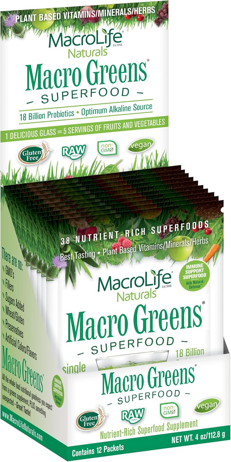 MacroLife Macro Greens Powder 38 Superfood Probiotics Antioxidants Digestive Enzymes & Adaptogen Supplement - Daily Super Green Juice & Smoothie Mix Packets - Non-GMO Vegan Gluten-Free - 12 Servings