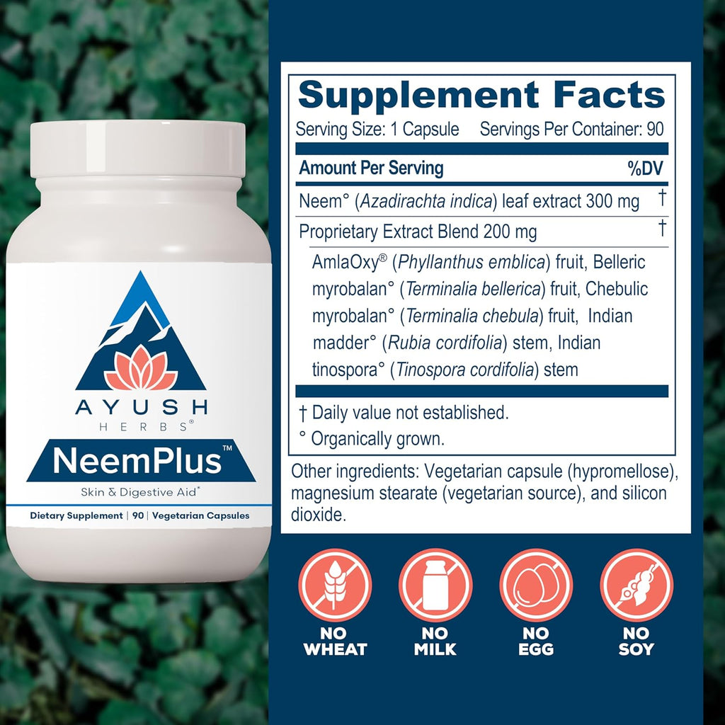 Ayush Herbs Neem Plus - Digestive Health for Women & Men, Gut Support Supplement for Stomach & Skin Health, Immune Support - 90 Vegetarian Capsules (1 Count)