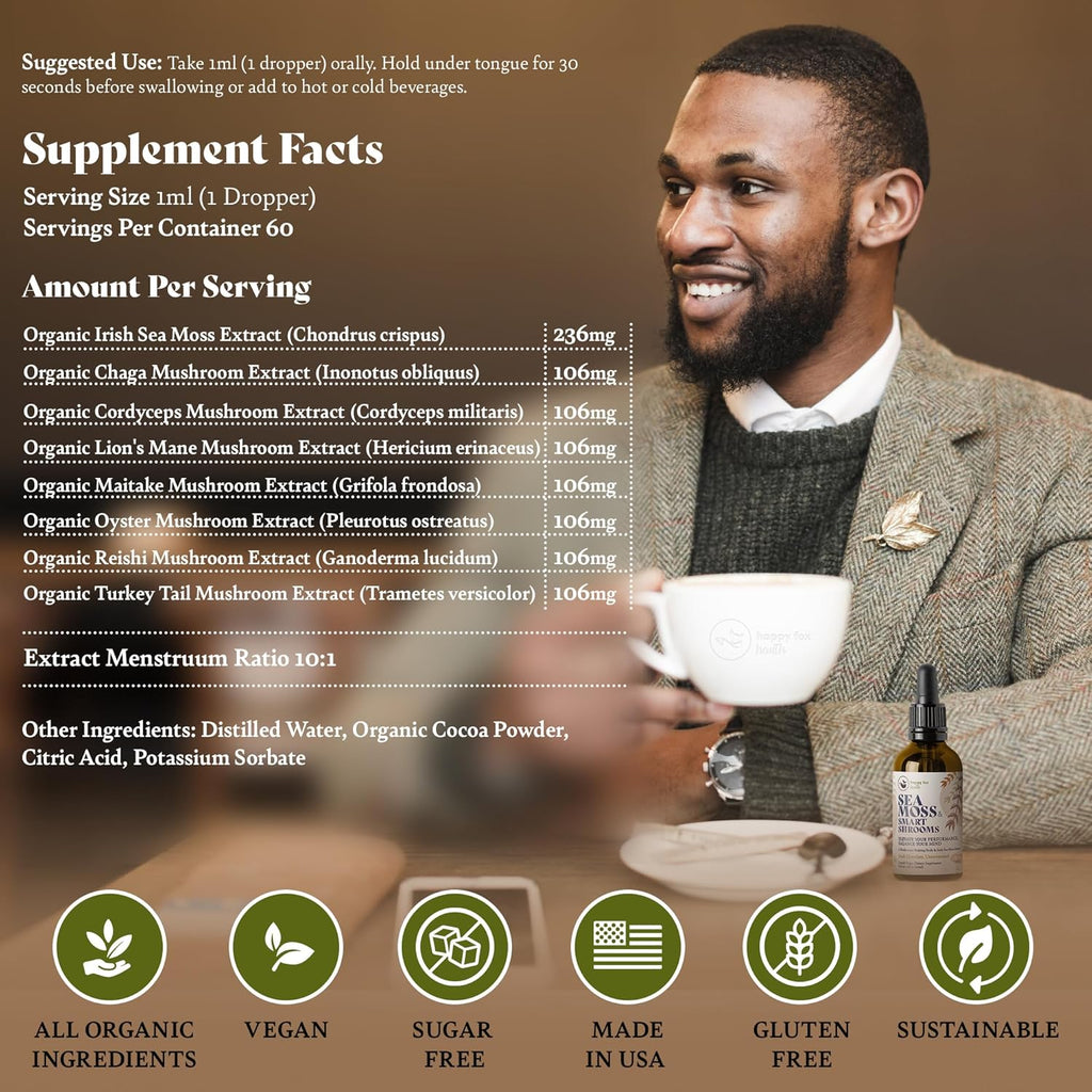 HAPPY FOX Irish Sea Moss Liquid Drops & Mushroom Tincture - Seamoss with 7 Adaptogenic Mushroom Extracts for Cognitive Support & Gut Health, Mushroom Coffee Elixir, Dark Chocolate Flavor