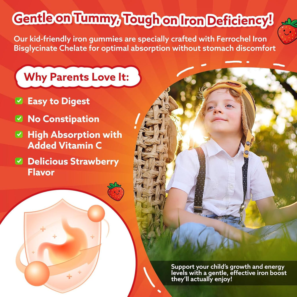 Iron Gummies for Kids & Teens, Kids Multivitamin with Iron Supplement, Calcium, Folate, Zinc, Prebiotic - for Blood Builder & Energy Support, Iron Deficiency - Vegan & Non-GMO - 60 Count