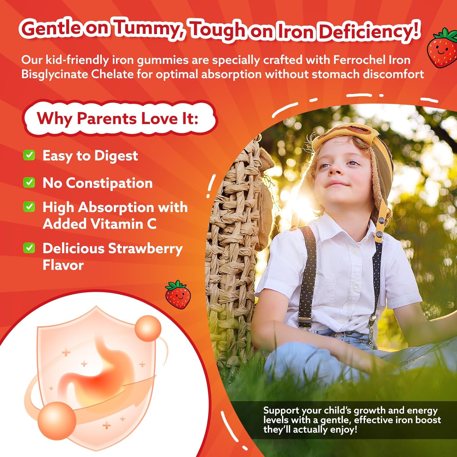 Iron Gummies for Kids & Teens, Kids Multivitamin with Iron Supplement, Calcium, Folate, Zinc, Prebiotic - for Blood Builder & Energy Support, Iron Deficiency - Vegan & Non-GMO - 60 Count