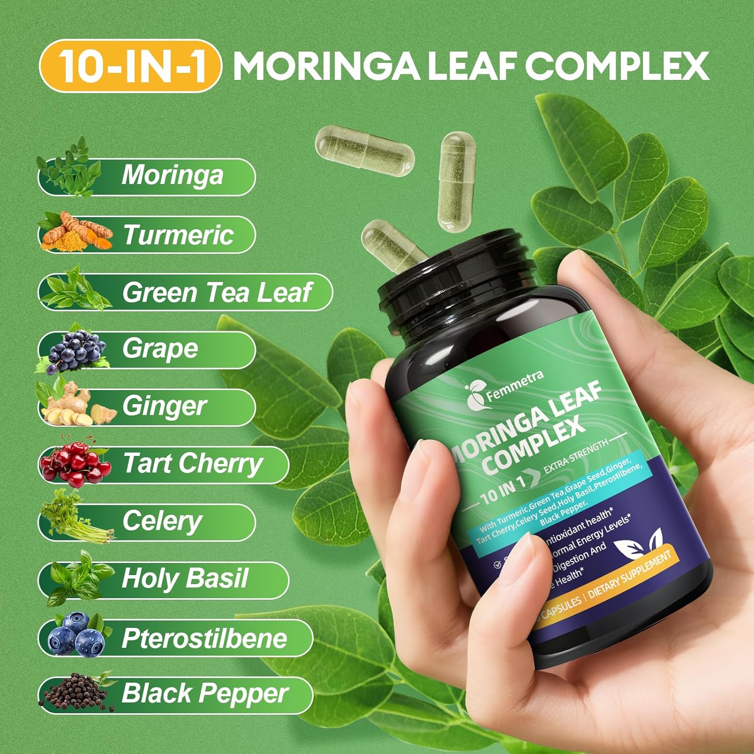 Moringa Turmeric Capsules, Femmetra 10-in-1 Moringa Leaf Complex, Energy, Skin, Immune & Gut Health Superfood, Rich in Antioxidants, Vitamins & Amino Acids with EGCG Grape Ginger Basil Extract, 60 Day