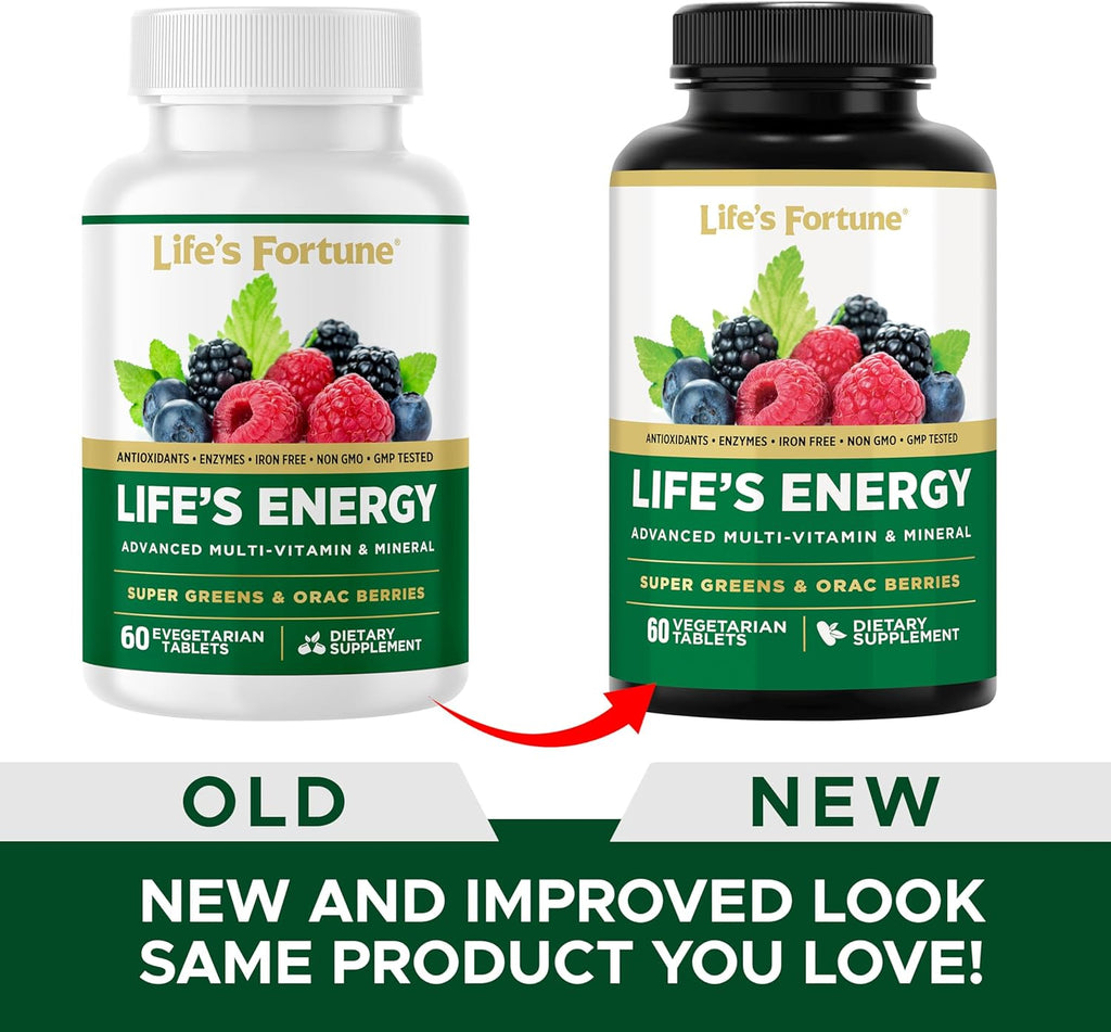 Life's Energy Advanced Daily Multivitamin for Men & Women, Energy and Immune Support Supplement with Super Greens, Antioxidants, Enzymes - Iron Free, Vegetarian, 60 Tablets by Life's Fortune