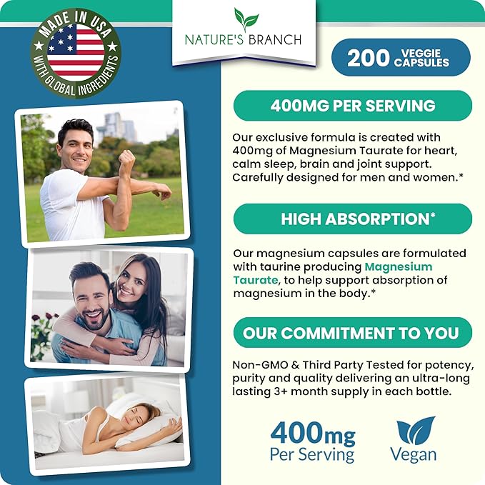 Magnesium Taurate 400mg | High Absorption | 200 Capsules for Sleep, Heart Health, Calm, Joint Supplement for Women and Men - Made in USA, Pure Elemental Mag Powder Plus Taurine - Extra Strength Pills