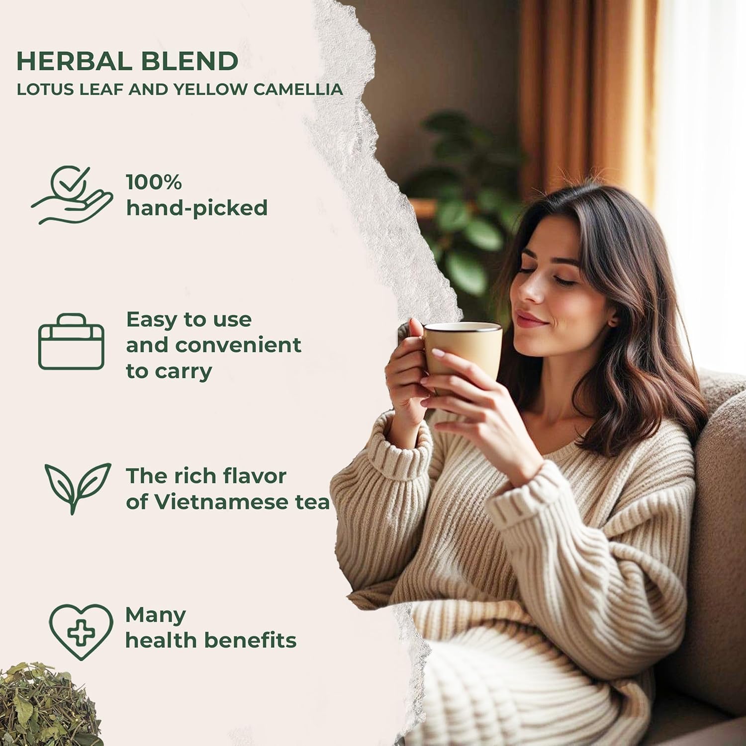 NMPT Dried Lotus Leaf Yellow Camellia Tea, Handpicked, Organic Herbal Tea, 40 Sachets, Cold-Dried, Gluten-Free, No Added Sugar, Mild Sweet Flavor, Supports Overall Health