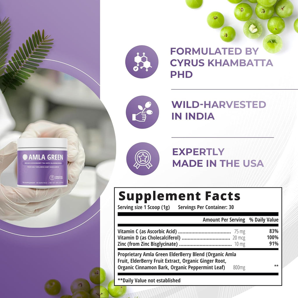 Amla Powder & Immunity Blend Superfood Supplement with Elderberry, 20x Ultra Concentrated Amla, Immune Support, Made with Ginger, Cinnamon, Peppermint, Indian Gooseberries, Immunity, 30 Servings