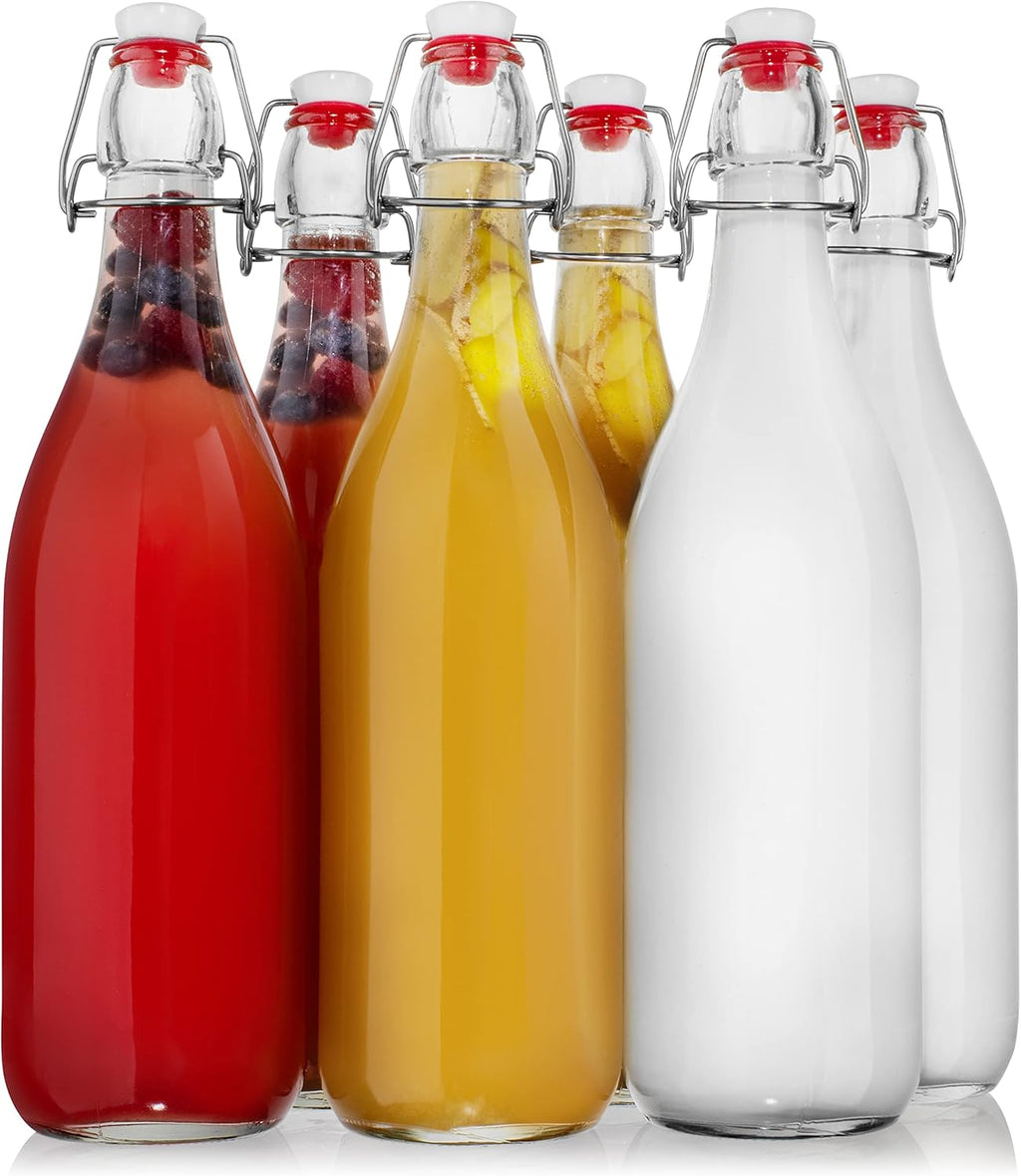 WILLDAN Swing Top Glass Bottles [1 Liter / 33 fl. oz.] [Pack of 6] Flip Top Brewing Bottle w/Leak Proof Stopper Lids for Fermentation, Kombucha, Mead, Vinegar, Beer, Kefir, Wine, Water, Soda