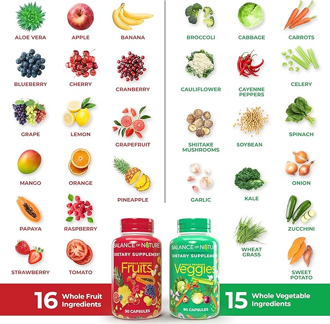 Balance of Nature Fruits & Veggies Supplements - Whole Fruit and Vegetable Ingredients for Women, Men, and Kids - 90 Fruits Capsules, 90 Veggies Capsules - 2 Sets