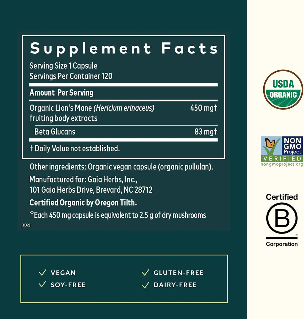Gaia Herbs Lion’s Mane Mushroom - Brain & Nerve Health Support - 120 Vegan Capsules