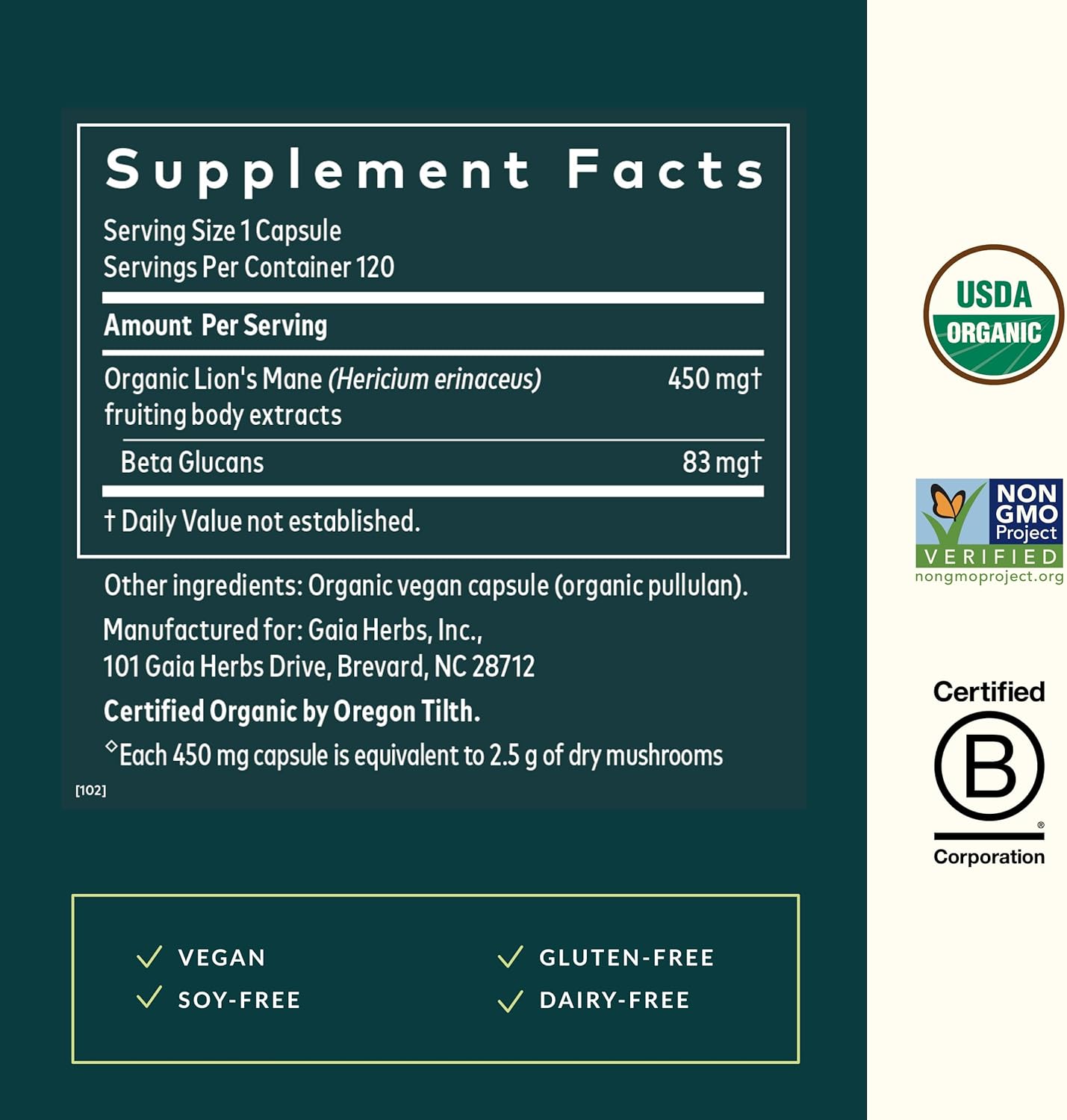 Gaia Herbs Lion’s Mane Mushroom - Brain & Nerve Health Support - 120 Vegan Capsules