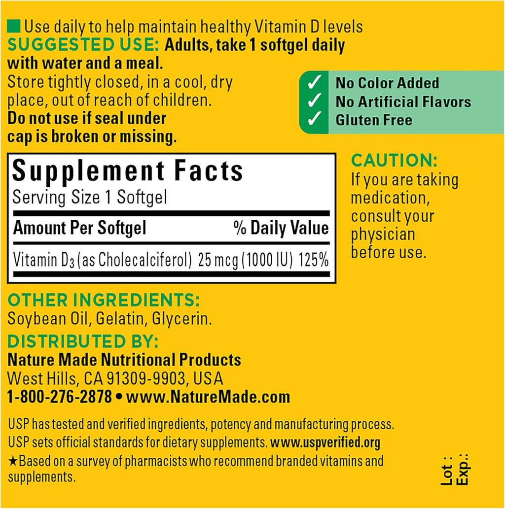 Nature Made Vitamin D3 1000 IU (25 mcg), Vitamin D Supplement for Bone, Teeth, Muscle and Immune Health Support, 100 Softgels, 100 Day Supply