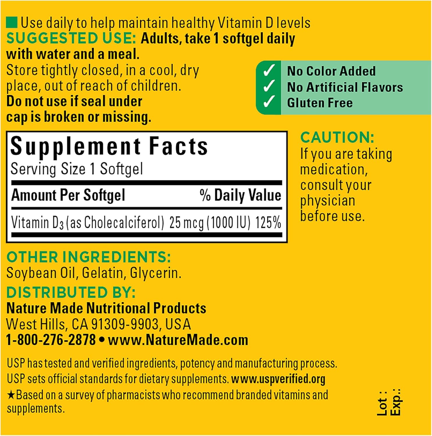 Nature Made Vitamin D3 1000 IU (25 mcg), Vitamin D Supplement for Bone, Teeth, Muscle and Immune Health Support, 100 Softgels, 100 Day Supply