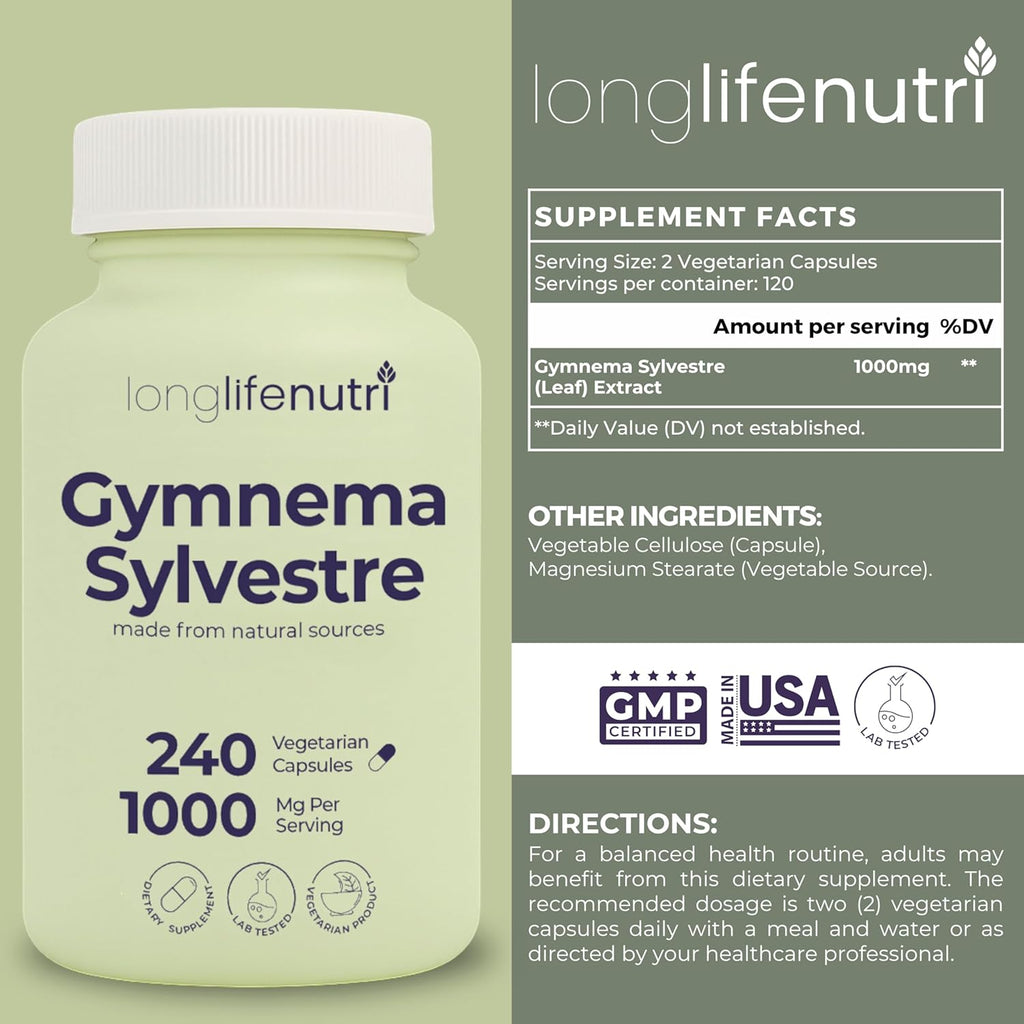Gymnema Sylvestre 1000mg - Organic 20:1 Leaf Extract, 240 Vegetarian Capsules, 4-Month Supply, Herbal Supplement for Gut Health, GMP Certified, Made in USA