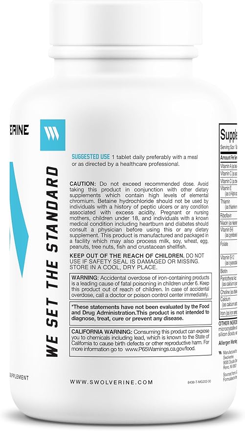Swolverine Multivitamin | for Men & Women – High Potency Daily Vitamins with B-Complex, Antioxidants, Minerals, Inositol & PABA – Energy, Immune, Metabolic & Performance Support (30 Tablets)