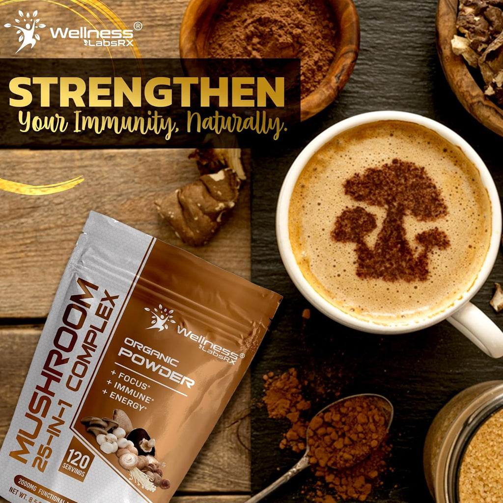 Mushroom Powder, 25 in 1 Mushrooms Supplement - 2000mg, 25 Superfood Mishroom Lions Mane Powder with Chaga, Shiitake, Cordyceps, Reishi - Lion's Mane Mushroom - 120 Servings
