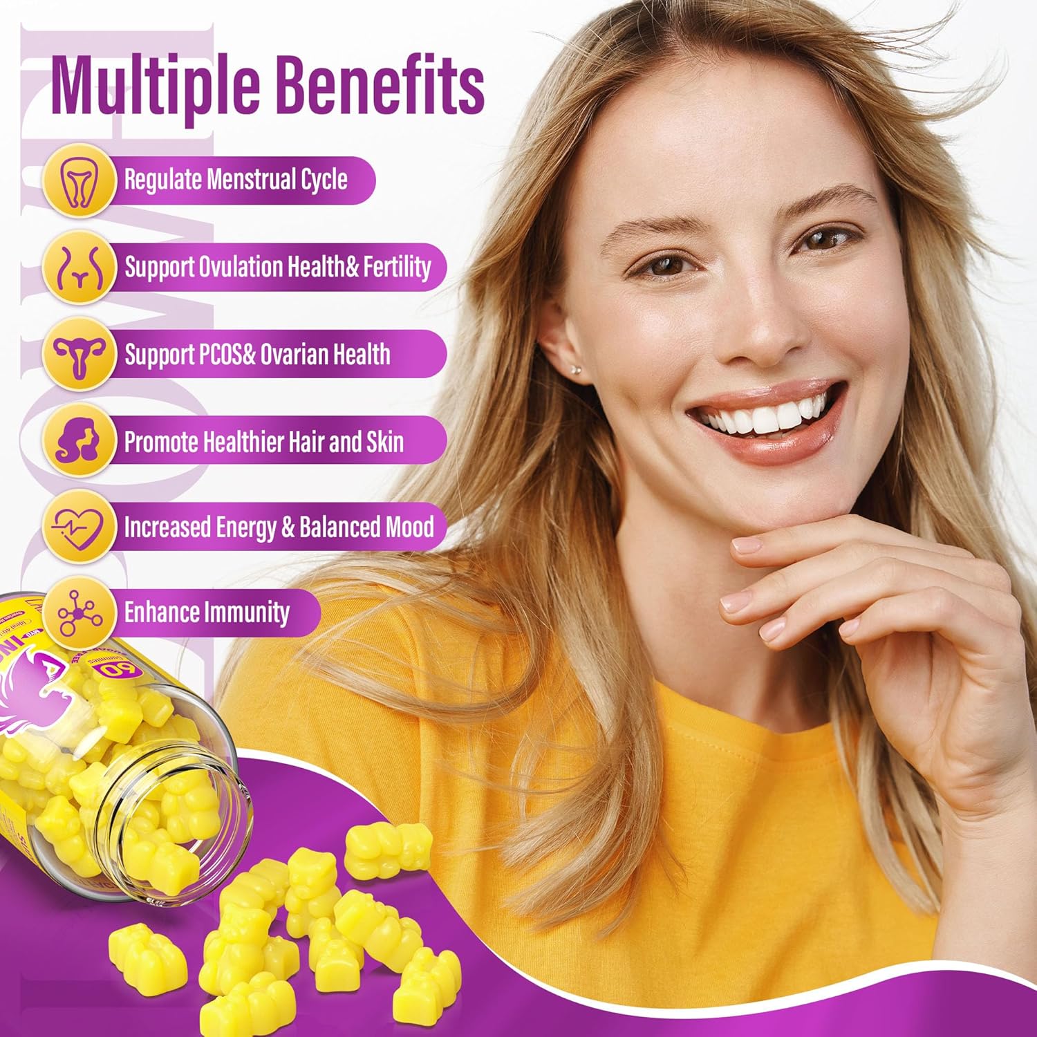 Myo-Inositol & D-Chiro Inositol,Inositol Gummies with Vitamin D3, Magnesium Glycinate, Omega-3, Folate & Zinc, Inositol Supplement Menstrual Cycle for Women-40:1 Ratio-60 Day Supply