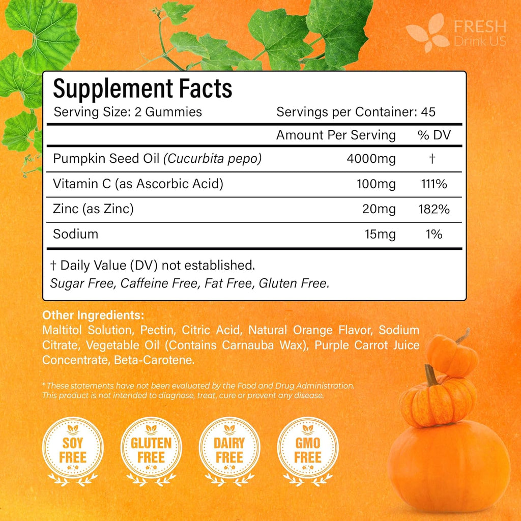 FreshDrinkUS, Premium 90 Pumpkin Seed Oil Gummies For Hair Growth, Youthful Skin, 4000mg Per Serving with Zinc & Vitamin C – Plant-Based, Non-GMO, Sugar/Gluten-Free, Men’s & Women’s Wellness Gummies
