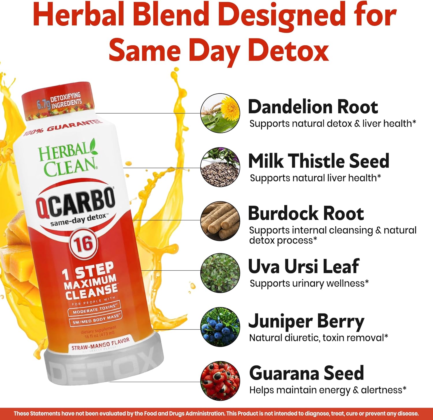Herbal Clean Qcarbo16 Same-Day Detox Cleanse Drink (16 fl oz) - Strawberry Mango Flavor Full Body Cleanse* Detox Drink for Moderate Toxin Level*, Vitamin B2 and Vitamin B12 for Men & Women