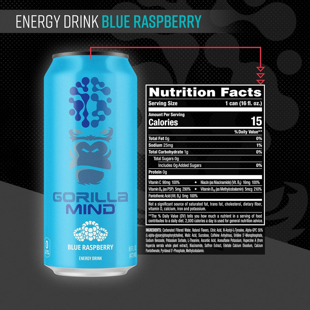 Gorilla Mind Energy Drink | Unmatched Energy · Amplified Focus | N-Acetyl-L-Tyrosine, Alpha-GPC, 200mg Caffeine, Uridine, Saffron | 0 Sugar Or Artificial Colors | 16oz, 12-Pack (Blue Raspberry)