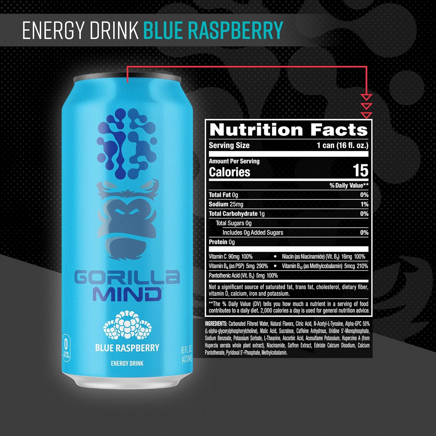 Gorilla Mind Energy Drink | Unmatched Energy · Amplified Focus | N-Acetyl-L-Tyrosine, Alpha-GPC, 200mg Caffeine, Uridine, Saffron | 0 Sugar Or Artificial Colors | 16oz, 12-Pack (Blue Raspberry)