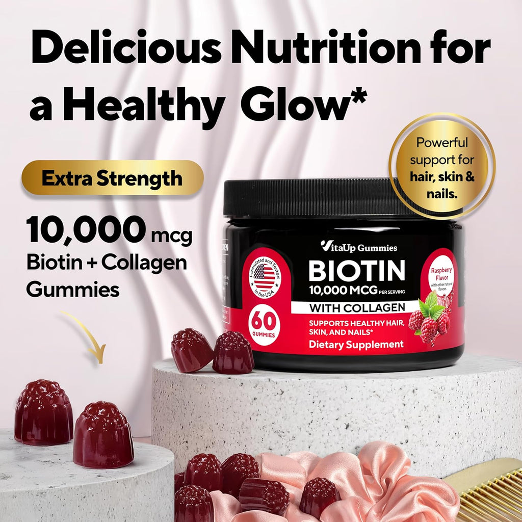 Biotin Gummies 10000mcg for Women and Men - Extra Strength Hair, Skin and Nails Gummies with Collagen - Natural Biotin Gummy Supplement for Hair, Skin, Nails Support - 60 ct