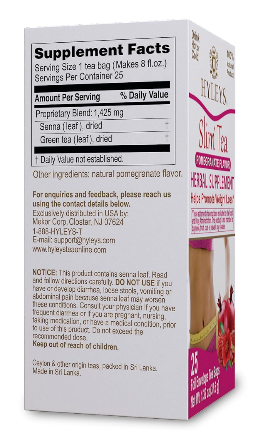 Hyleys Slim Tea Pomegranate Flavor - Weight Loss Herbal Supplement Cleanse and Detox - 25 Tea Bags (1 Pack)