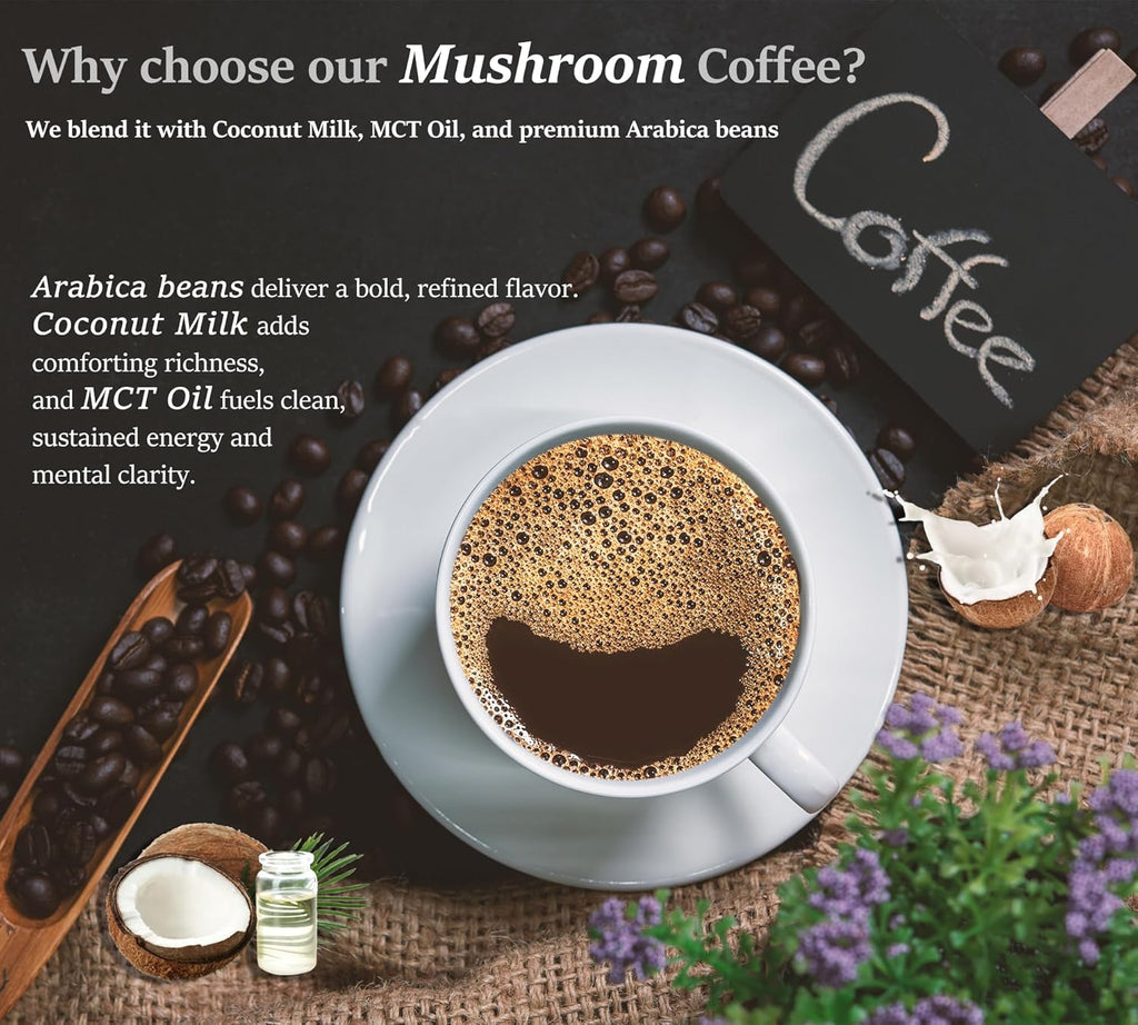 DLNIA Organic Mushroom Coffee with 12 Adaptogenic Mushrooms, Arabica Beans, Coconut Milk & MCT Oil | Cordyceps, Lion’s Mane & Turkey Tail Instant Coffee for Better Energy, Focus, Digestion, Immunity