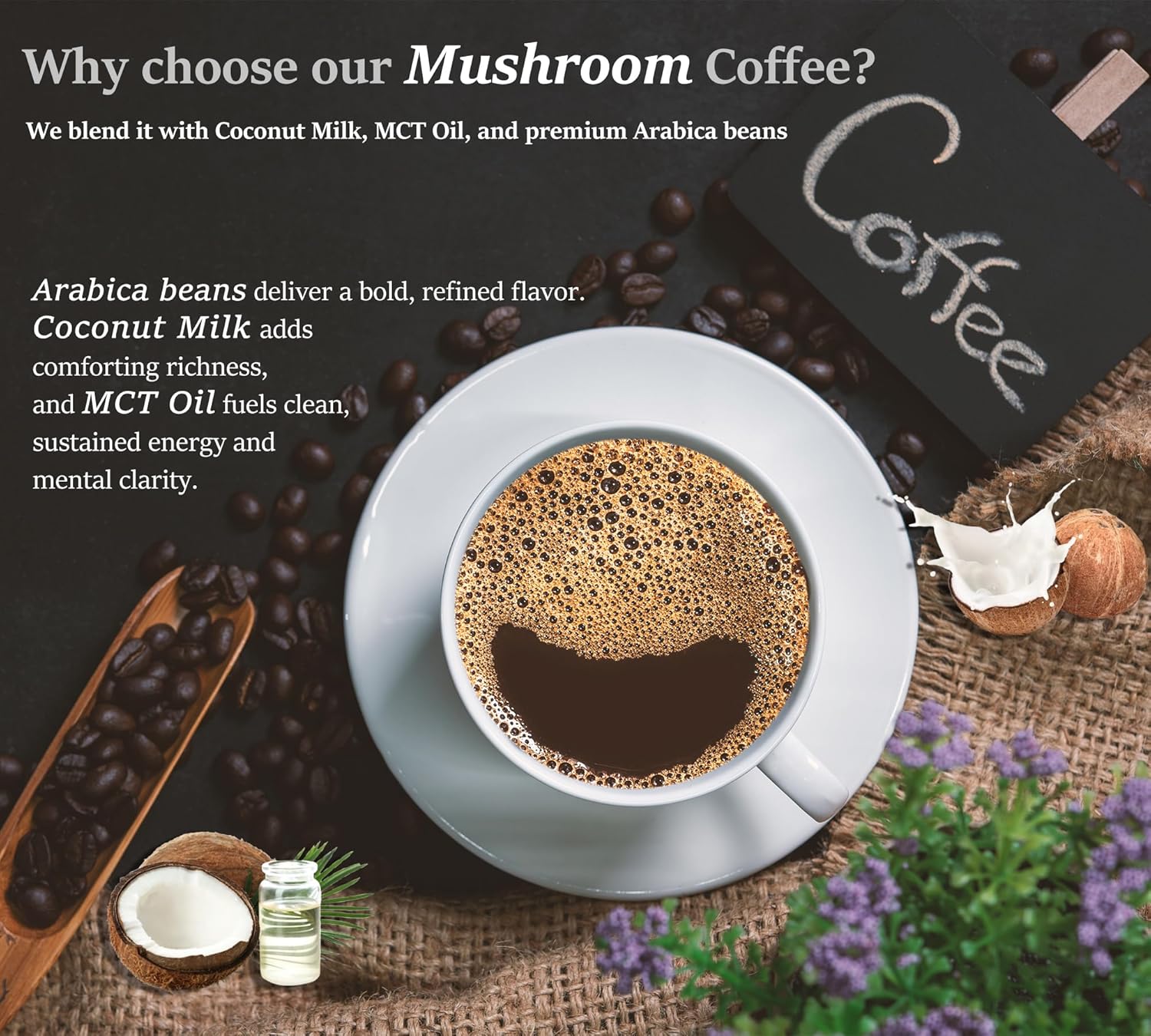 DLNIA Organic Mushroom Coffee with 12 Adaptogenic Mushrooms, Arabica Beans, Coconut Milk & MCT Oil | Cordyceps, Lion’s Mane & Turkey Tail Instant Coffee for Better Energy, Focus, Digestion, Immunity