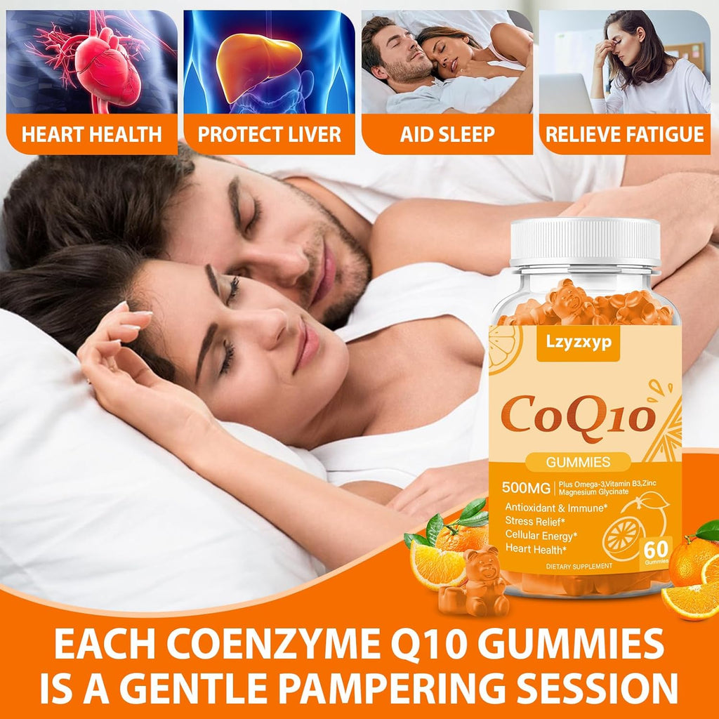 CoQ10 Oranges Gummies 500mg-3X Better Absorption Coenzyme Q10 Supplements - Plus Omega-3, Magnesium, Vitamin B3 & Zinc for Heart Health, Cellular Energy & Antioxidant, Vegan, Non-GMO 60 Ct (1)