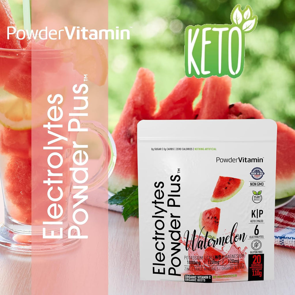 PowderVitamin Electrolytes Powder Plus (20 Servings) Watermelon Electrolyte Powder Zero Calorie Keto,0 Sugar, No Maltodextrin,1000mg Potassium,120mg Calcium,120mg Magnesium, Pink Himalayan Salt