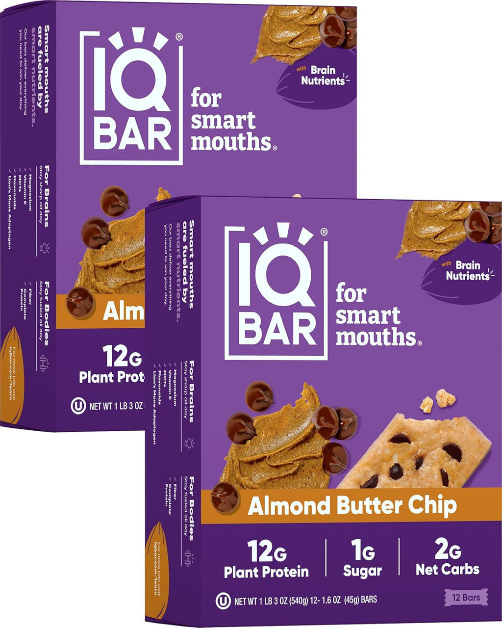 IQBAR Brain and Body Plant Protein Bars - Almond Butter Chip - 24-Count - Keto, Vegan, Low Carb, High Fiber, Gluten Free, Dairy Free, Low Sugar Snack with Nutrients for Focus, Energy, Meal Replacement