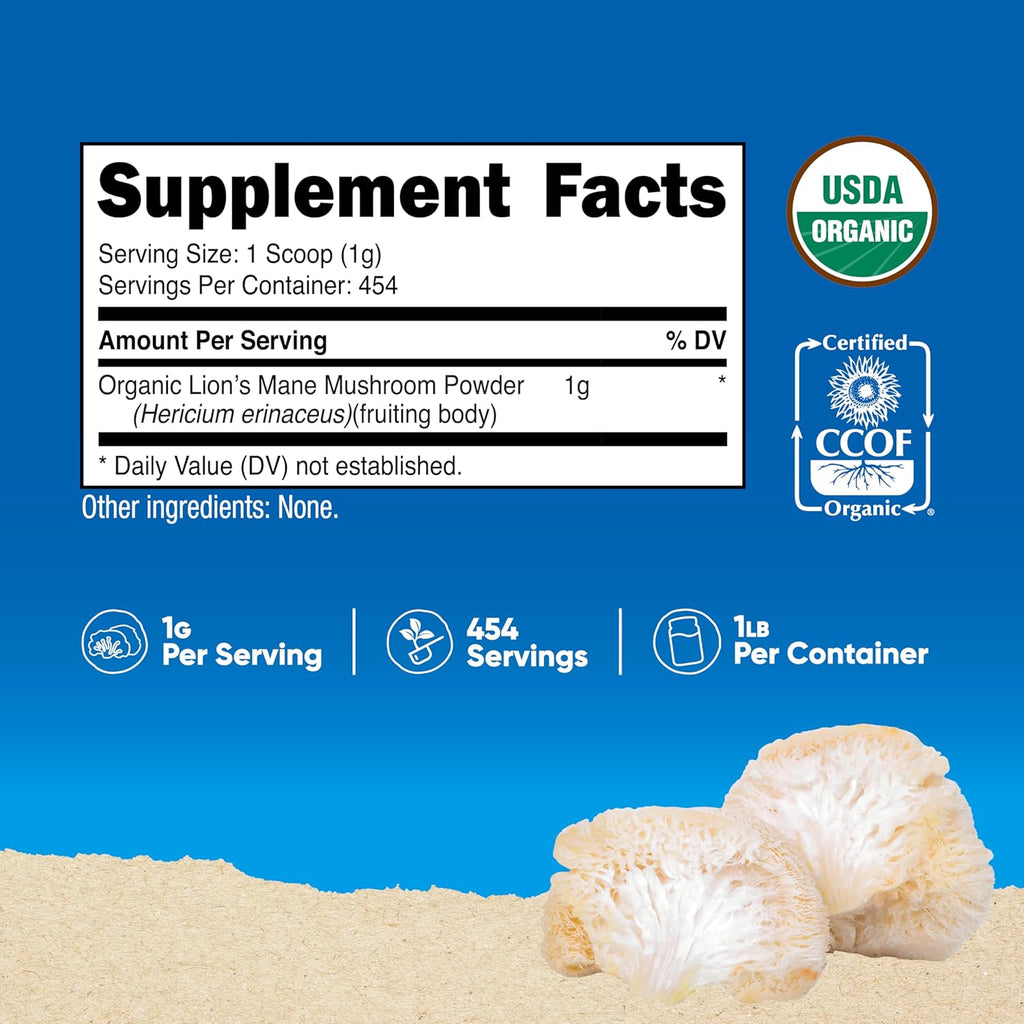 Nutricost Organic Lion's Mane Mushroom Powder 1LB - Certified USDA Organic