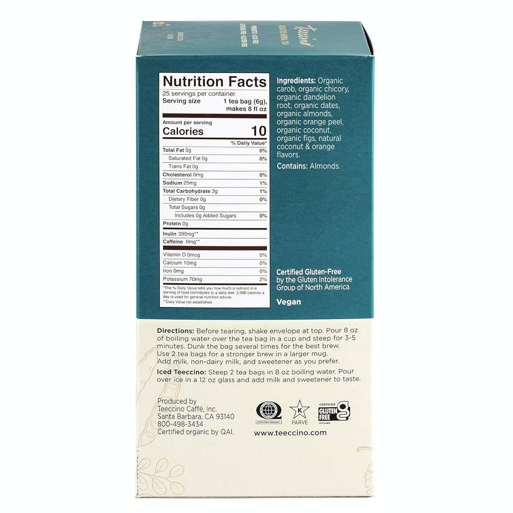 Teeccino Dandelion Coconut Tea - Caffeine Free, Roasted Herbal Tea with Prebiotics, 3x More Herbs than Regular Tea Bags, Gluten Free - 25 Tea Bags (Pack of 3)