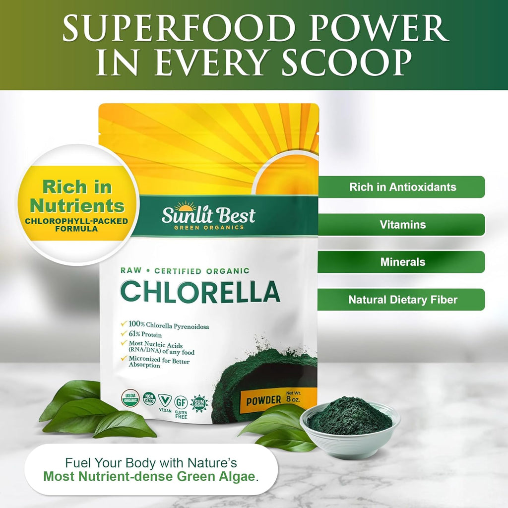 Sunlit Best Chlorella Powder Organic USDA, Green Algae Chlorella Powder, Broken Cell Wall Chlorellas, Raw Vegan Protein Chlorophyll - Non GMO, Gluten Free Superfood, Immune Support Supplement, 8 oz