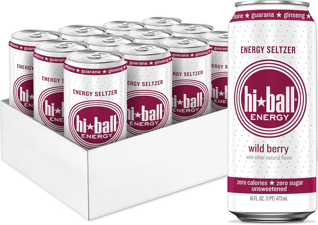Hiball Clean Energy Drink - Wild Berry - Zero Sugar, Zero Calorie Sparkling Water with 160mg Organic Caffeine, 50mg Organic Ginseng, 50mg Organic Guarana and B Vitamins - 16 fl oz (8-Pack)