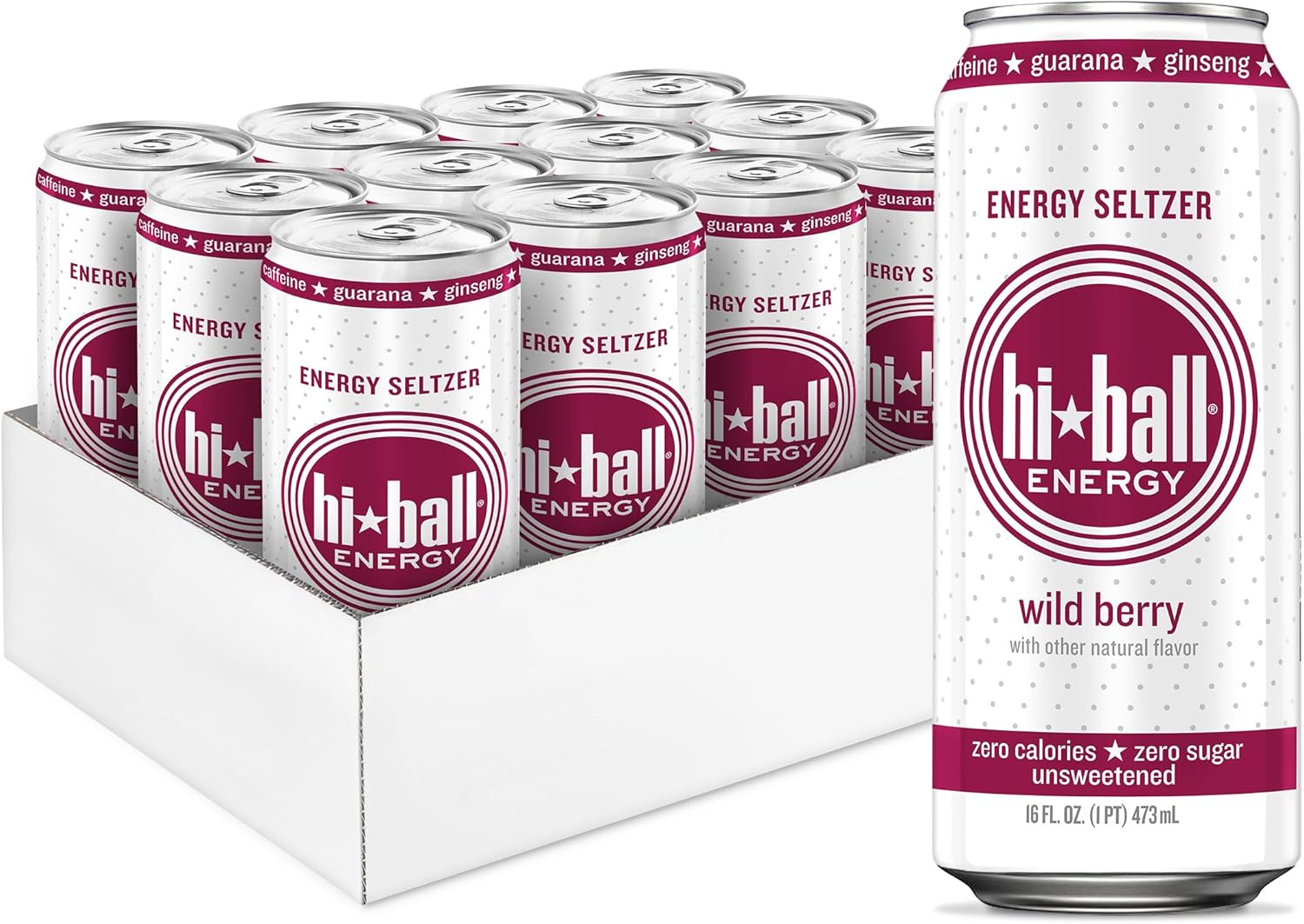 Hiball Clean Energy Drink - Wild Berry - Zero Sugar, Zero Calorie Sparkling Water with 160mg Organic Caffeine, 50mg Organic Ginseng, 50mg Organic Guarana and B Vitamins - 16 fl oz (8-Pack)