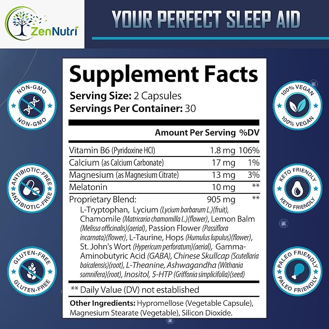 Sleep Prime Vegan Natural Sleep Aid for Adult Extra Strength - Deep Sleep Supplement - Herbal Sleeping Pill - Stress Relief - Melatonin, GABA - 60 Veggie caps