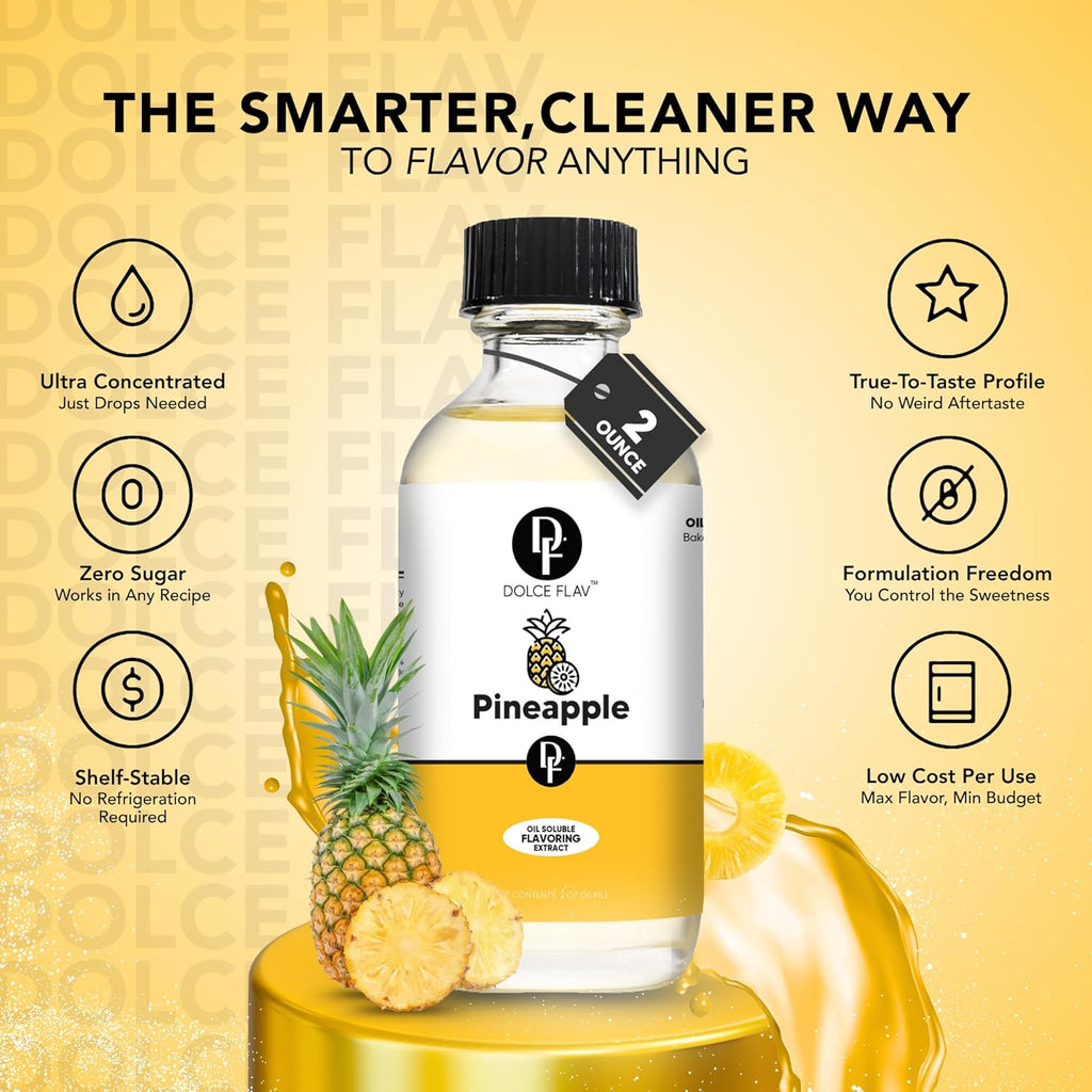 Dolce Flav Pineapple Extract – 2 Ounce Oil-Soluble Kosher, Sugar-Free, Concentrated Tropical Flavor for Candy, Chocolates & Desserts, Includes Measured Dropper