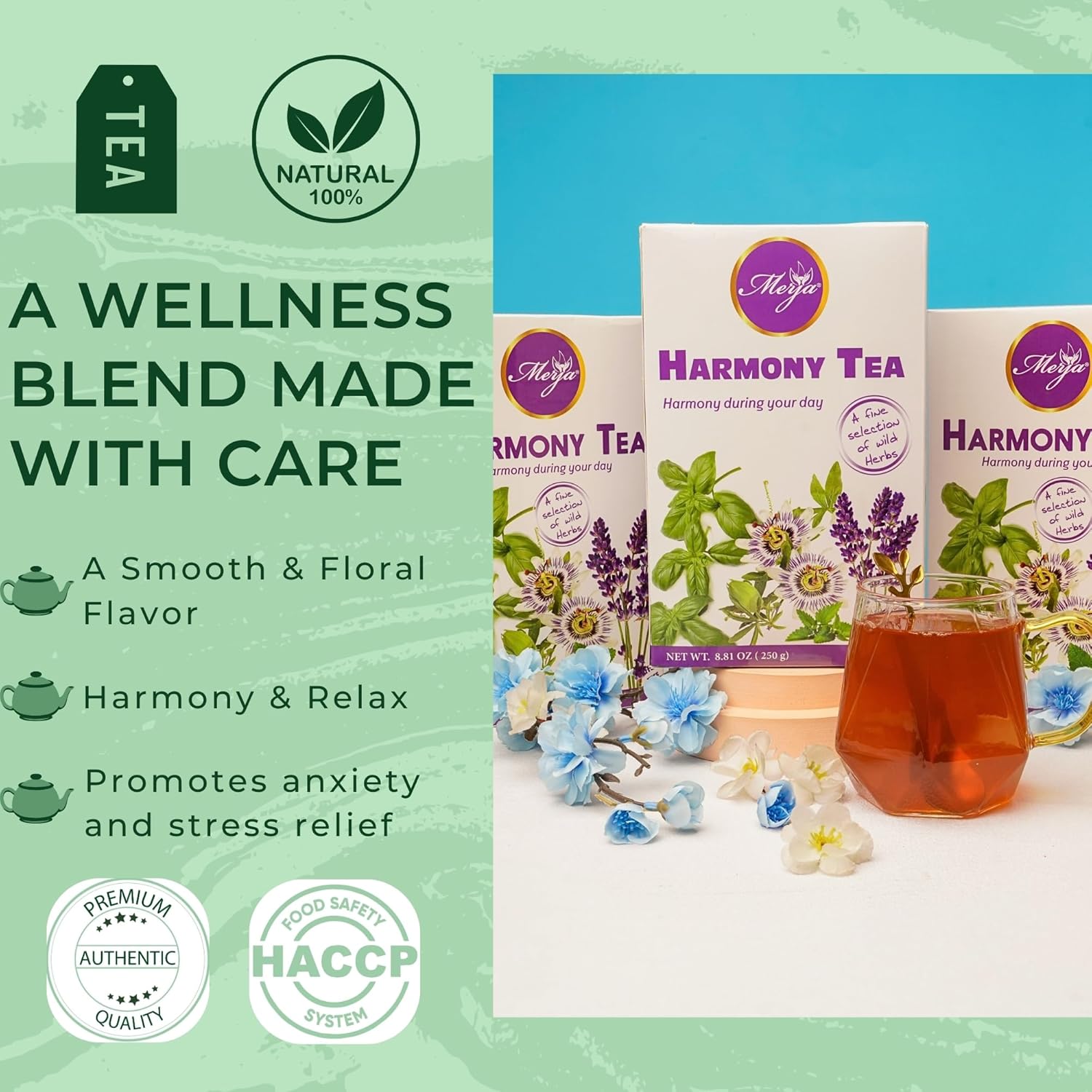 Merja Herbs Harmony Tea [250g] Caffeine-Free, Stress Relief & Memory Boost | 100% Natural Leaves Support Sleep | Herbal Teas & Beverages