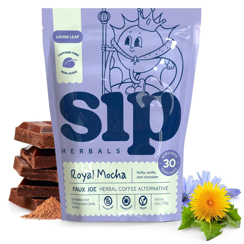 Sip Herbal Coffee Alternative Herbal Tea - Boost Energy & Focus - Caffeine Free Organic Coffee Substitute Made with Carob, Dandelion, Chicory - Royal Mocha Roast (30 Servings) - Loose Leaf