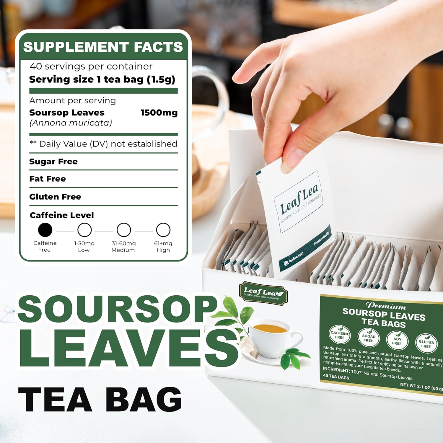 LeafLea 240 Premium Soursop Leaf Tea Bags, 100% Dried Soursop Graviola Leaves with a Smooth, Earthy Flavor, Hoja Guanabana Leaf Herbal Tea Bags for Natural Digestion Support, No Caffeine, Sugar-Free