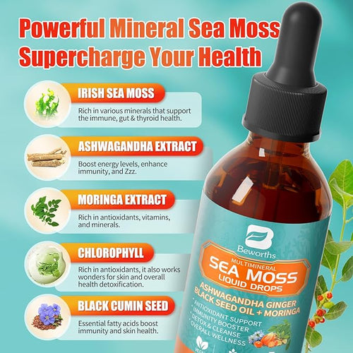 3Pack Sea Moss Drops - Irish Sea Moss Chlorophyll Liquid with Black Seed Oil, Ashwagandha, Moringa, Turmeric, Elderberry, Mullein, Seamoss Gel Supplement for Liver Cleaner, Detox & Gut, Immune Support