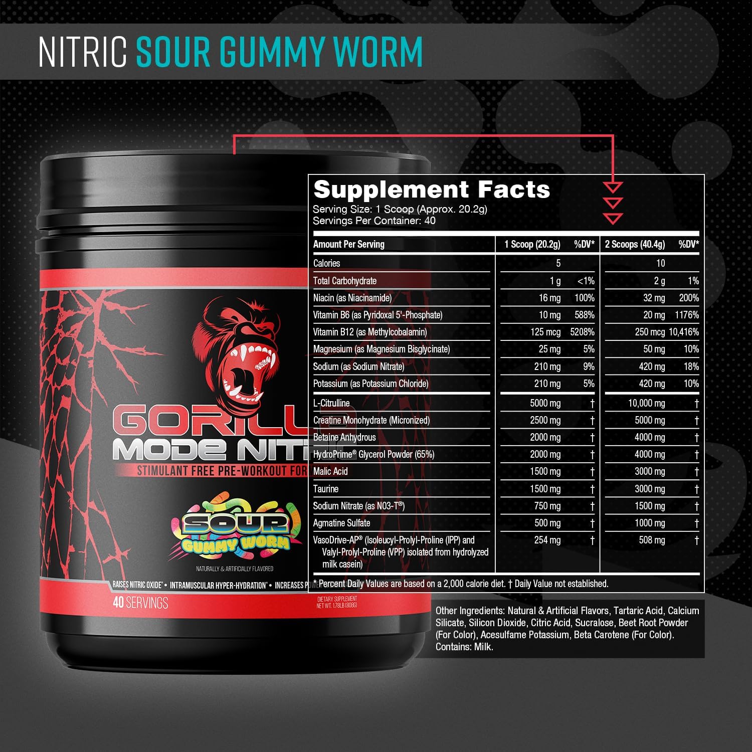 Gorilla Mode Nitric Upgraded Stimulant Free Pre-Workout – Best Tasting and Most Effective Stimulant Free Pre-Workout/Massive Pumps · Vasodilation · Power / 808 Grams (Sour Gummy Worms)