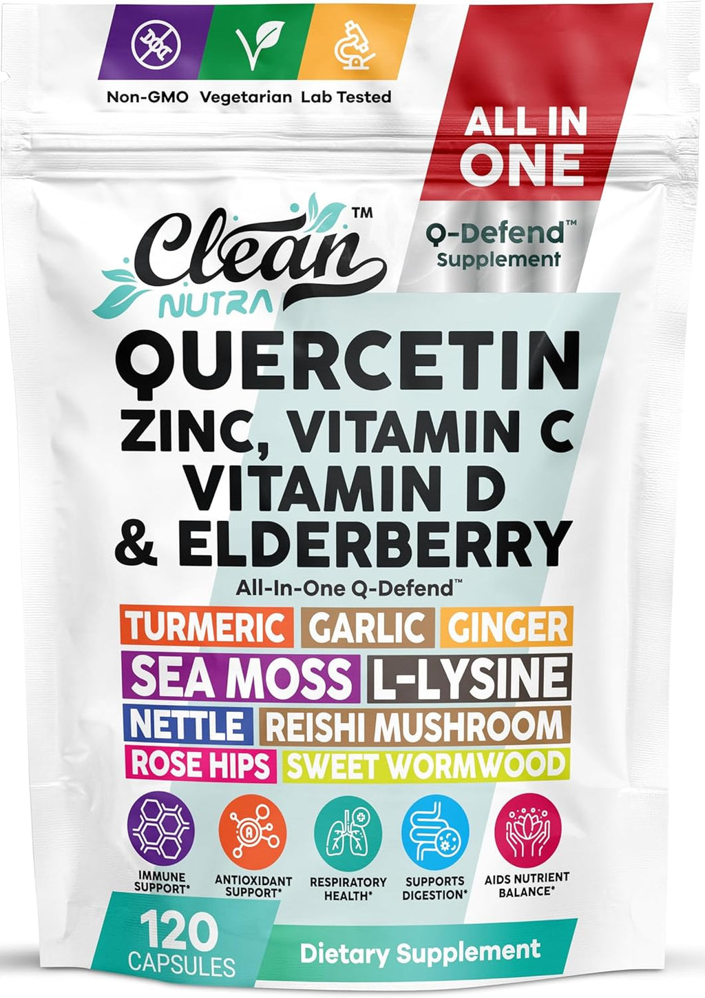 Q Defend Immune Support Supplement Quercetin Zinc Vitamin C Vitamin D Elderberry Turmeric Black Pepper Garlic Ginger Sea Moss Lysine Stinging Nettle Reishi Mushroom 120 Capsules by Clean Nutra