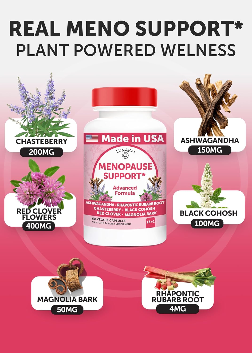 Lunakai USA Made Natural Menopause Supplements for Women – 13-in-1 Menopause Relief for Hot Flashes, Night Sweats, Sleep & Mood Support, 60ct