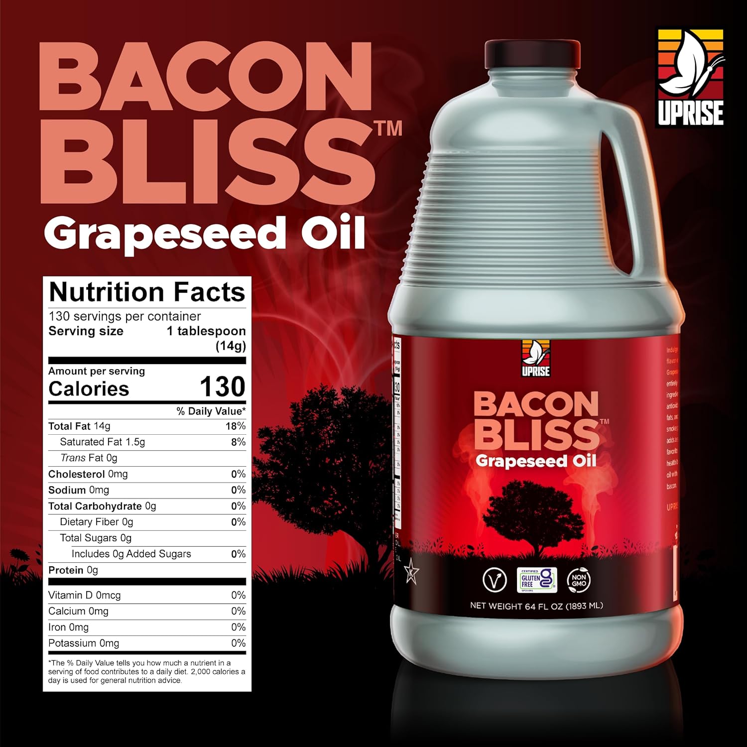 Bacon Bliss Grapeseed Oil – 64 oz Bulk Bottle | Bacon Flavored Cooking Oil for Popcorn, Roasting, and Sautéing | Plant-based Alternative with High Smoke Point | Non-GMO, Gluten-Free, Vegan